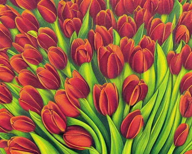 Prompt: rule of thirds intricate inside the tulip extreme closeup on a table - - a journey inside the physiology of plants, an ultrafine detailed painting by rafal olbinski, behance contest winner, pop surrealism, detailed painting, very detailed, minimalist, skeuomorphic, airbrush art