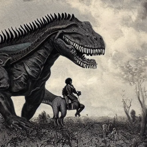 Prompt: vintage 1800s photograph of Frederick Douglass riding on the back of a dinosaur in a field, 8k, highly intricate, highly detailed,