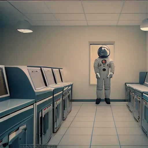 Prompt: a beautiful photo of an astronaut waiting in a laundromat, 1970', soft light, photorealistic, realistic, octane, 8k, cinematic shot