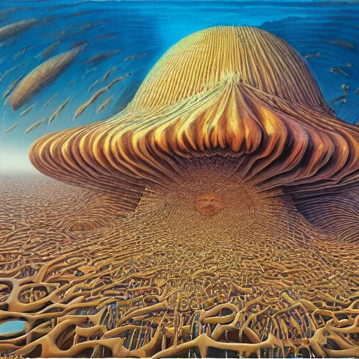 Image similar to the queen of the red sea by jacek yerka, alex gray, zdzisław beksiński, dariusz zawadzki, vladimir kush, jeffrey smith and h.r. giger, oil on canvas, 8k highly professionally detailed, trending on artstation