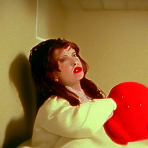 Image similar to still from a 1991 arthouse film about a depressed housewife dressed as a squishy inflatable toy who meets a handsome younger man in a seedy motel room, color film, 16mm soft light, weird art on the wall