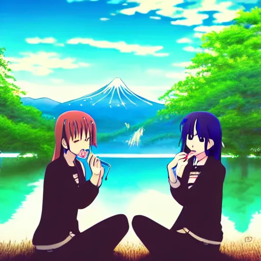 Image similar to two lesbian girls smoking hemp in front of a lake in the style of anime, pixiv, intricate, elegant, highly detailed, lush, stylized, japanese, smooth