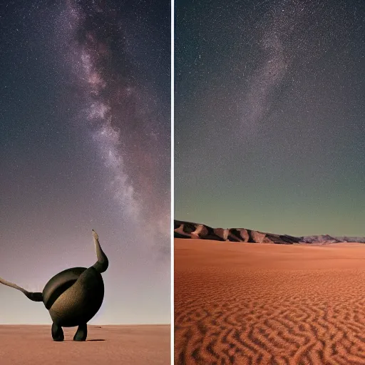 Prompt: 🐋 as 🐼 as 🦕 as 👽, desert photography