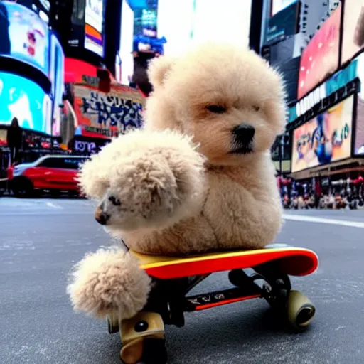 Image similar to a teddy puppy on a skateboard in times square