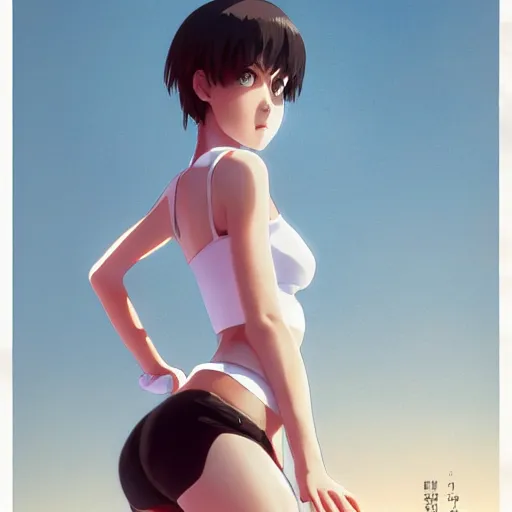 Prompt: a beautiful boyish natalie portman gravure model, cute girl with short pink hair, white loose plastic inflatable coat, mechanical arm, black tight pants, trending on pixiv fanbox, painted by greg rutkowski makoto shinkai takashi takeuchi studio ghibli, akihiko yoshida h 7 6 8