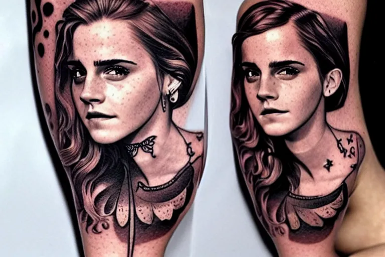 Image similar to emma watson, dope tattoo, hyperrealistic