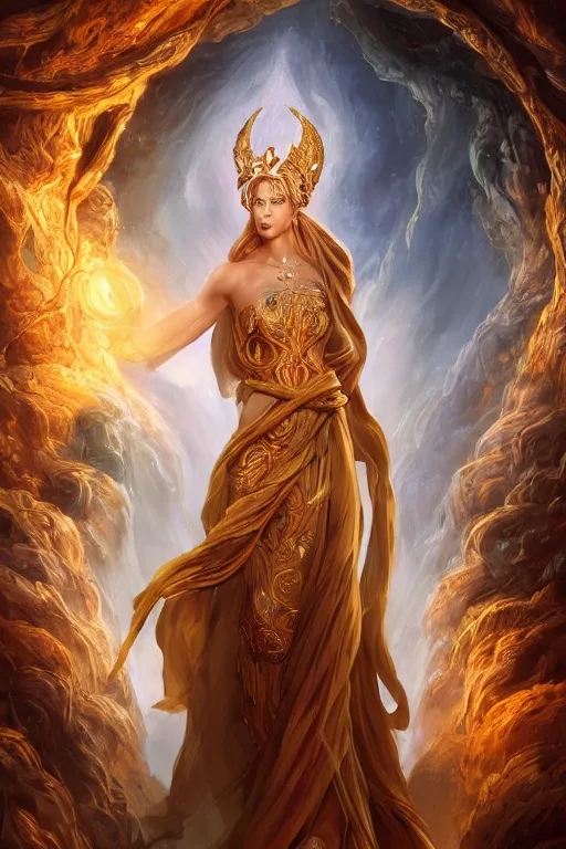 Prompt: fantasy character concept portrait, digital painting, wallpaper of the goddess of life and nature in a flowing gown, with skin of obsidian, with veins of magma and gold, renaissance nimbus overhead, by aleksi briclot, by laura zalenga, by alexander holllow fedosav, 8 k dop dof hdr, vibrant