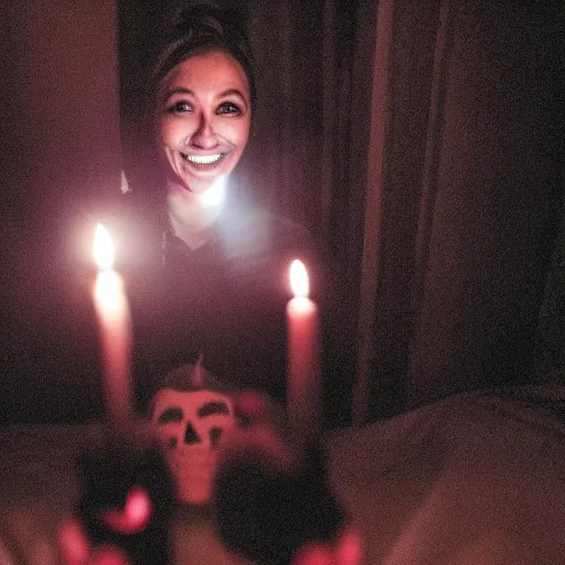 Image similar to A woman takes a selfie in a dark and spooky room, the only light coming from a flickering candle, as she smiles for the camera, in a Halloween style.