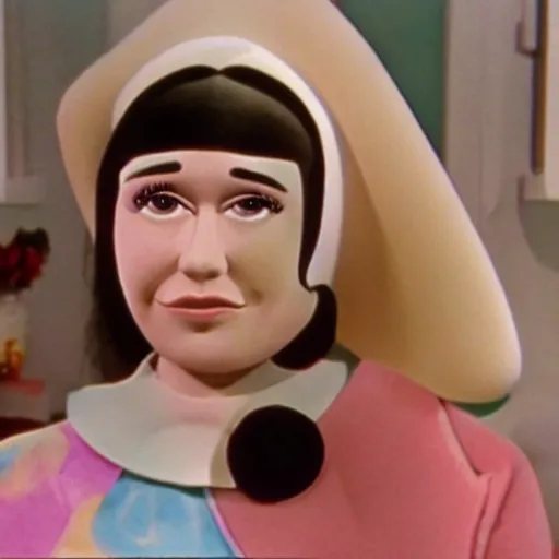 Prompt: still from a children's television show about woman wearing a long nose 1974 technicolor