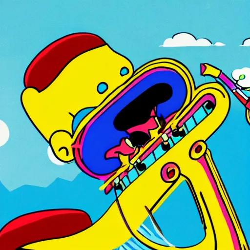 Image similar to Lisa Simpson falling into a giant saxophone, psychedelic art, uhd, matte painting