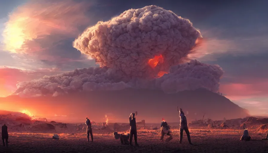 Prompt: survivors on a sand hill watching las vegas destroyed by nuclear explosion in the distance, nuclear cloud, sunset, hyperdetailed, artstation, cgsociety, 8 k