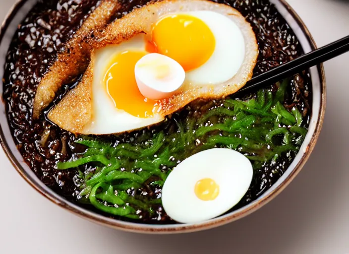 Prompt: dslr food photograph of tankatsu black ramen with a soft boiled egg, 8 5 mm f 1. 8