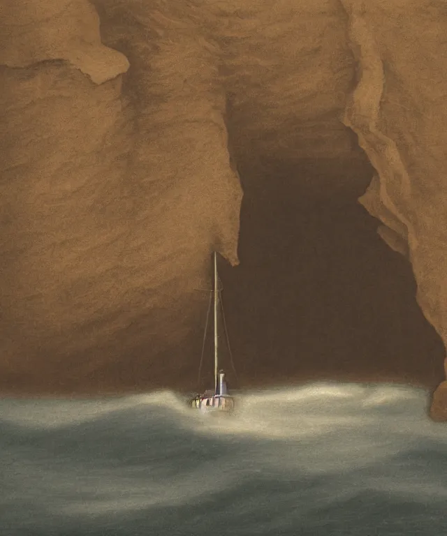 Image similar to photorealistic sepia painting of a 1 9 2 5 bay boat sailing near a jamaican cliff with the mouth of a sea cave at the waterline, dark, brooding, atmospheric, lovecraft, horror