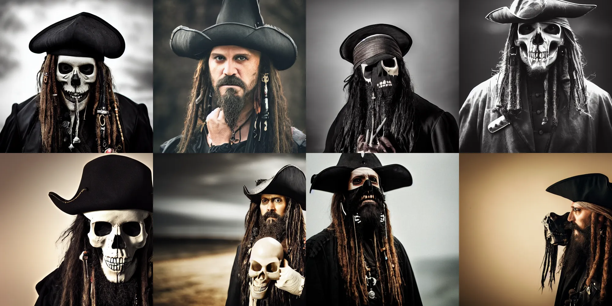 Prompt: portrait photo of an old pirate lord wearing black hat, black coat and a skull bone mask, long black beard and long black hair, dramatic cinematic lighting, movie scene, dslr photo, depth of field