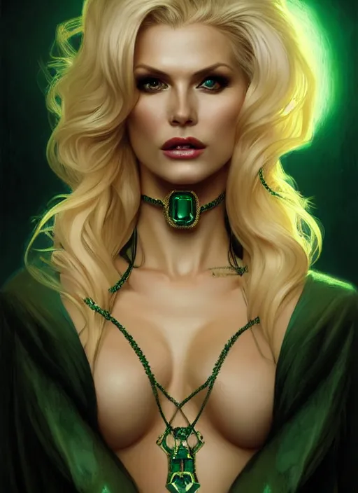 Prompt: portrait of model victoria silvstedt as a sultry vampire lady, jewelry, greek, emerald, intricate, headshot, highly detailed, digital painting, artstation, concept art, sharp focus, cinematic lighting, illustration, art by artgerm and greg rutkowski, alphonse mucha, cgsociety