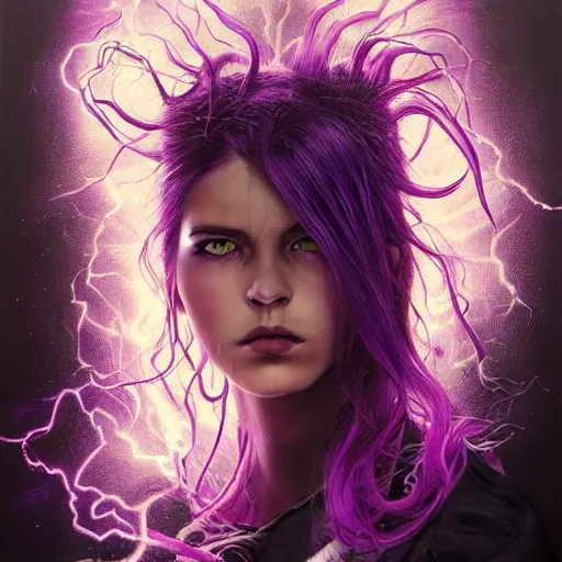 Image similar to detailed photo portrait of a furious teen girl with thin, hair-like purple tentacles on her head and bright purple eyes, 8k,by tristan eaton, Stanley Artgermm,Tom Bagshaw,Greg Rutkowski,Carne Griffiths,trending on DeviantArt, face enhance,hyper detailed ,full of colour, dramatic lightning