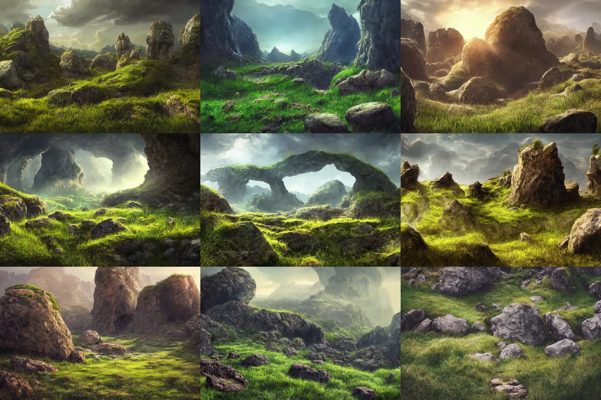 Prompt: landscape, a giant hole in the ground, photorealistic cinematic concept art, overgrown stones and grass fields bright day, fantasy, giant rocks, rocky hills, deep abyss