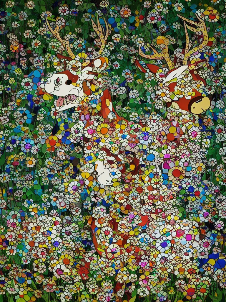 Prompt: a deer in the forest, Takashi Murakami