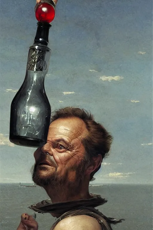 Prompt: a ship in a bottle but instead of a ship it is jack nicholson in the bottle, painting by caravaggio, artgerm, greg rutkowski, edgar maxence, norman rockwell, tom bagshaw