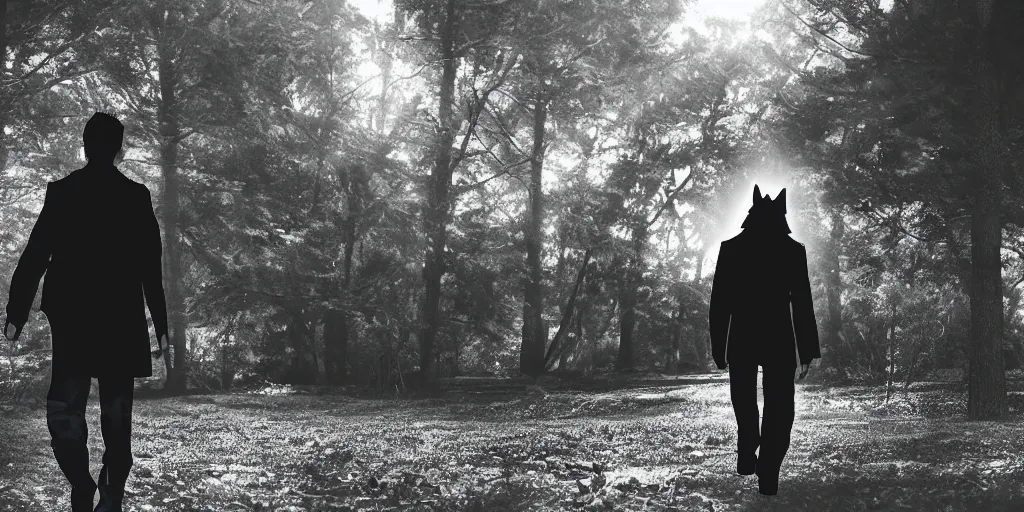 Prompt: anime male anthro wolf in a black jacket, walking at the park, dramatic lighting, bokeh, award - winning digital art