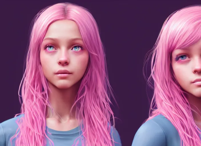 Prompt: concept art for the main character in the award winning film named life is better in pink. the character is a unnaturally beautiful teenage girl with deep dark blue eyes and long curled pink hair, wearing light pink clothes. realistic cg render, anatomically correct, high key lighting, trending on art station, vibrant colors.