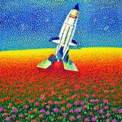 Prompt: rocket landing in a field of flowers at sunset, pointillism and impressionism painting