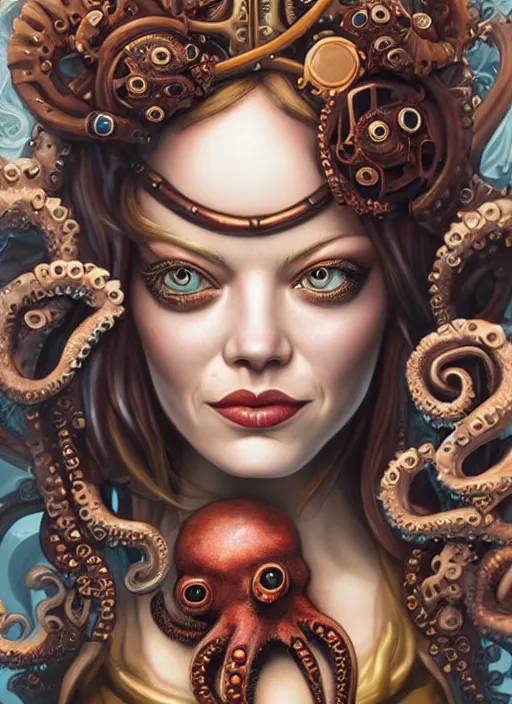 Image similar to steampunk pirate portrait of emma stone, underwater, octopus, pixar style, by tristan eaton stanley artgerm and tom bagshaw.