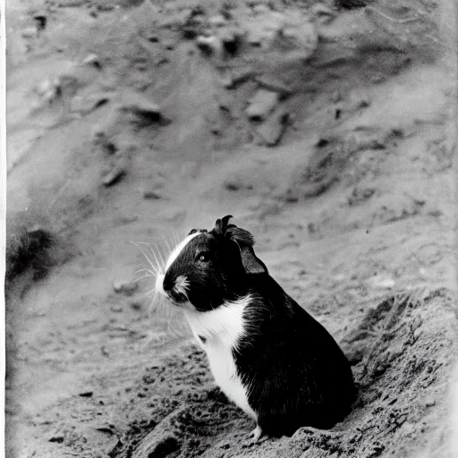 Prompt: a grainy black and white photograph of a guinea pig standing in a trench, ww1, the guinea pig is wearing a russian ww1 uniform