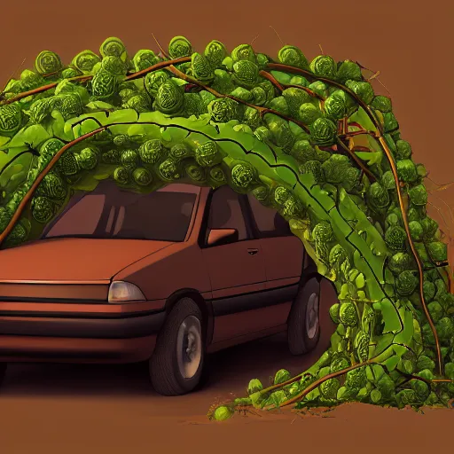Image similar to a car wrapped in vines around the center, heonhwa choe, realistic, artstation, hd