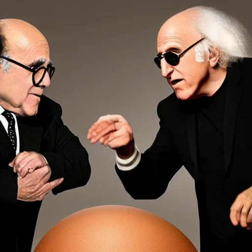 Image similar to danny devito and larry david fighting over a chair shaped like an egg, renaissance still life painting, masterpiece, realistic light and shadow