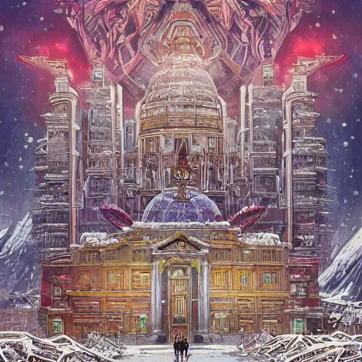 Prompt: the Winter palace of AI, made of ice and snow, style blend of Burning Man, Neo-Andean architecture, cyberpunk, and The Vatican, depicted in a mixed style of Möbius, Masamune Shirow, Rafael, neoclassical paintings, and Shepard Fairey, Extremely fine ink lineart