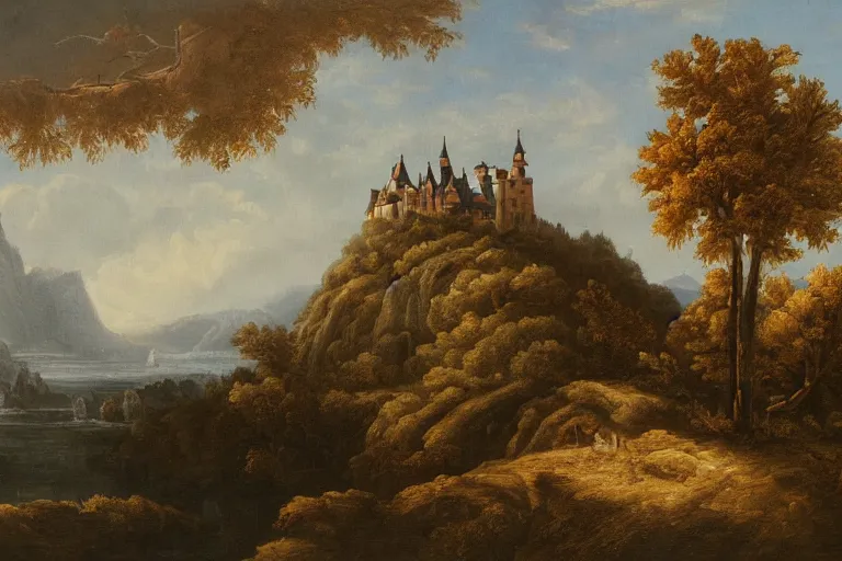 Image similar to a landscape painting of a german castle on the cliff