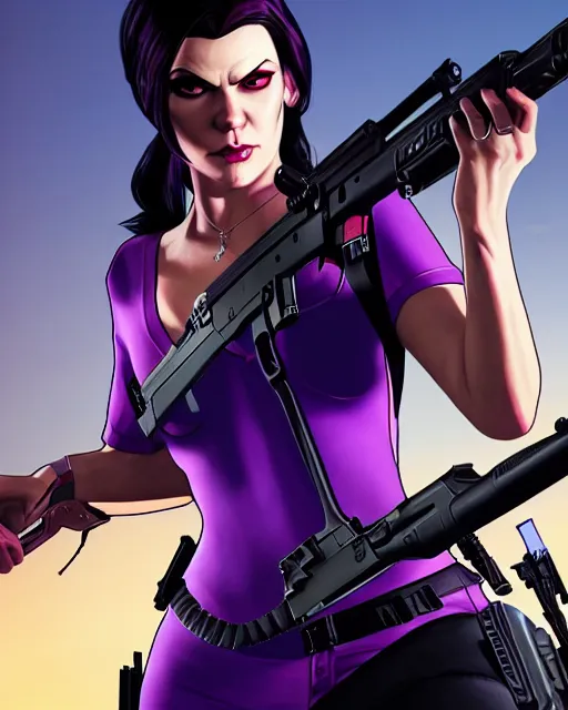 Image similar to gta 5, grand theft auto 5 cover art of widowmaker from overwatch