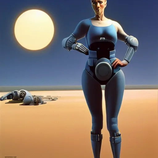 Prompt: woman integrating with technology, full body, abundent wiring and implants, sci-fi, highly detailed, Ralph McQuarrie and Peter Kemp