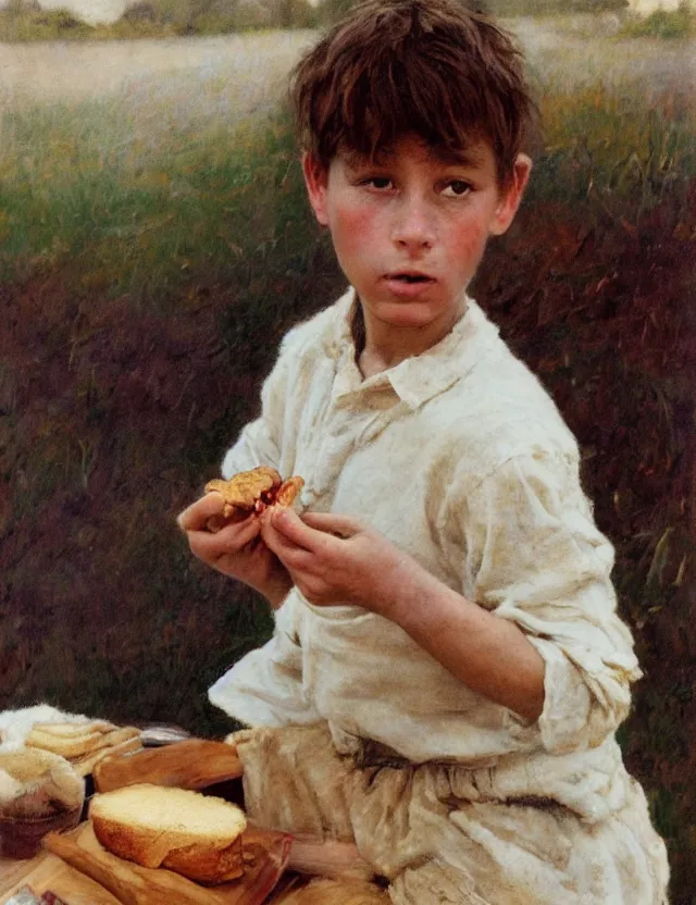 Image similar to portrait of peasant boy biting a bread, cottage core, cinematic focus, polaroid photo bleached vintage pastel colors high - key lighting, soft lights, foggy, by steve hanks, by lisa yuskavage, by serov valentin, by tarkovsky, detailed, oil on canvas