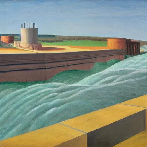 Image similar to hydroelectric dam, turbines, spillway, fish ladder, grant wood, pj crook, edward hopper, oil on canvas