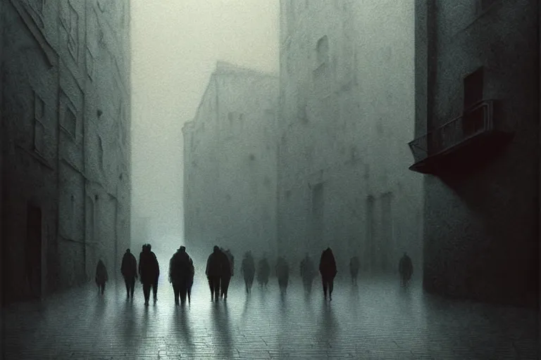 Prompt: people walking on city street, in the style of beksinski, solarpunk, atmospheric, clean, intricate and epic composition, gray by caravaggio, insanely quality, highly detailed, masterpiece, white light, artstation, 4 k