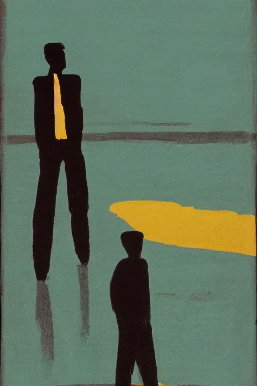 Image similar to man standing by a river, 1960’s minimalist advertising illustration, painterly, expressive brush strokes