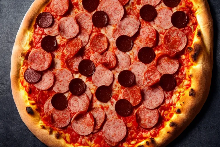 Image similar to a pizza with among us character-shaped pepperoni on top. Food photography, studio photography, highly detailed