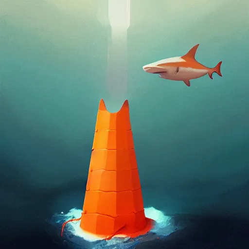 Image similar to orange traffic cone with shark teeth, ocean background detailed atmospheric - ron cheng & alphonse mucha, highly detailed, digital painting, ray tracing, concept art, illustration, smooth sharp focus, intricate, symmetry, artstation,