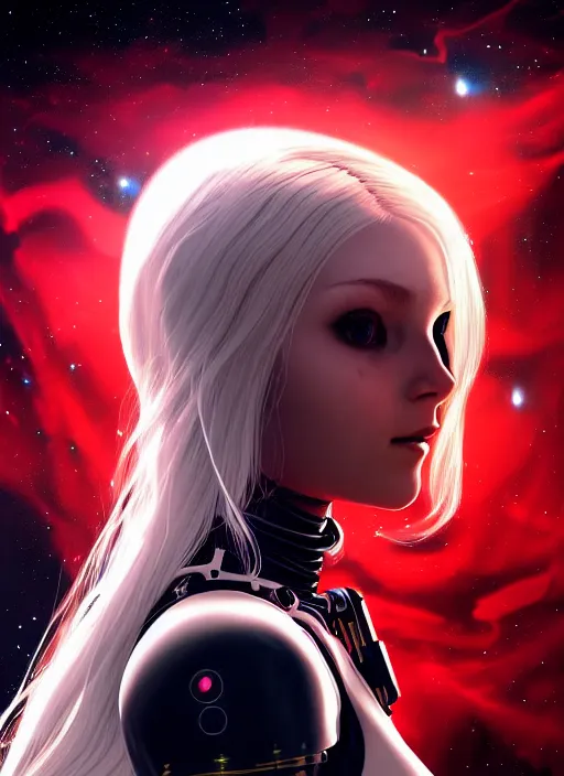 Prompt: highly detailed portrait of a hopeful pretty astronaut lady with a wavy blonde hair, by Alex Horley, 4k resolution, nier:automata inspired, bravely default inspired, vibrant but dreary but upflifting red, black and white color scheme!!! ((Space nebula background))