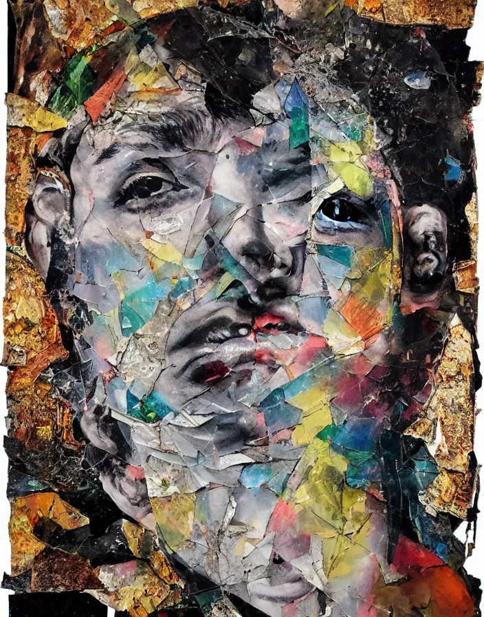 Prompt: celestial male fight detailed analogue mixed media collage with canvas texture in style of contemporary art, punk art, hyperrealistic beautiful face, photorealistic, expressionism, masterpiece, perfect composition, spectacular quality, intricate oil details, vivid broken glass, torn paper