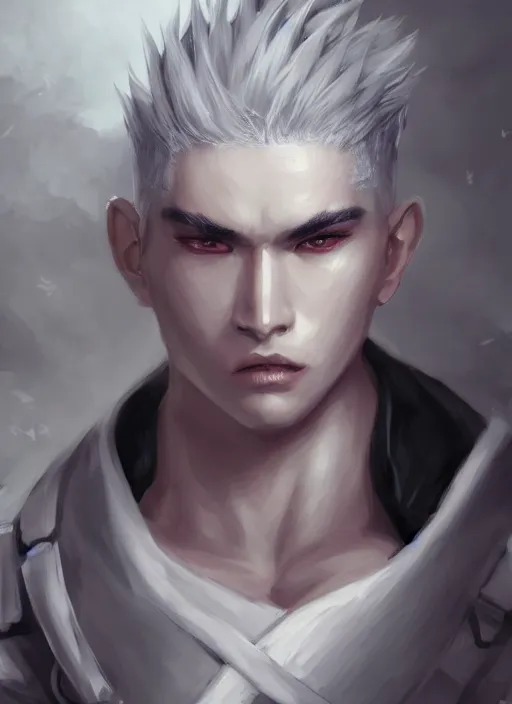 Image similar to a highly detailed illustration of fierce short white haired parted through the middle young attractive asian man, wearing hakama, with black sclera eyes, heroically posing, muscular, intricate, elegant, highly detailed, centered, digital painting, artstation, concept art, smooth, sharp focus, league of legends concept art, WLOP