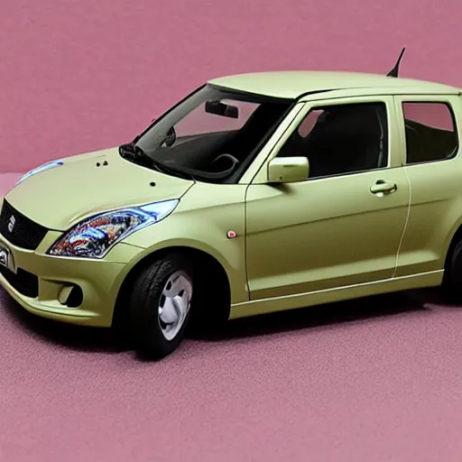 Image similar to 1/24 scale model of Suzuki swift Sport with a 1/35 scale model of a sdkfz 251 in the background, high quality, Model photograph, high detail, 8k, studio lighting