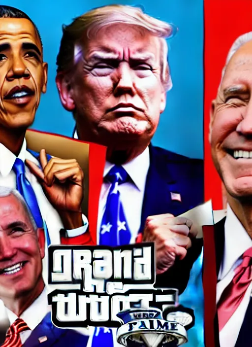 Image similar to GTA Cover Art, Obama, Biden, Trump, Pelosi, Schumer, Pence