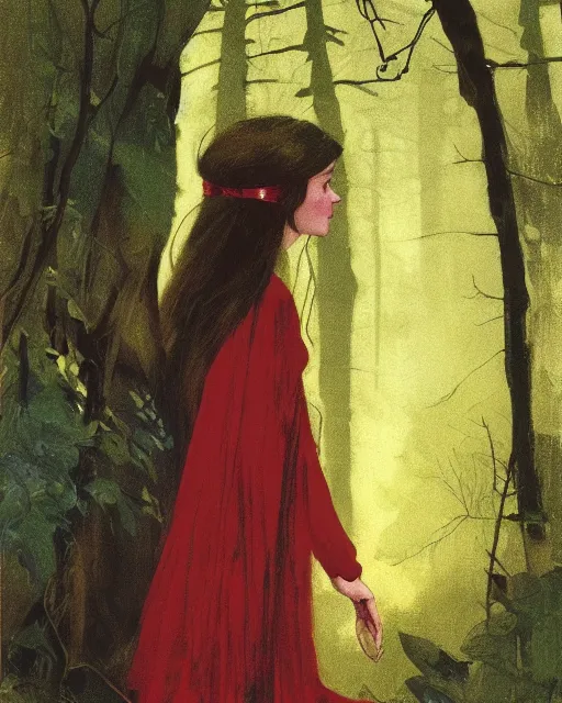 Image similar to a girl wearing red lost in the dark woods, 1 9 7 0 s, seventies, wallpaper, delicate embellishments, painterly, offset printing technique, by john howe, brom, robert henri, walter popp