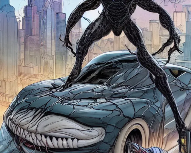 Image similar to A realistic Venom standing on top of a wrecked car in the city, open arms art by Jason Chan and Gerardo Sandoval, Ultra detailed, hyper realistic,