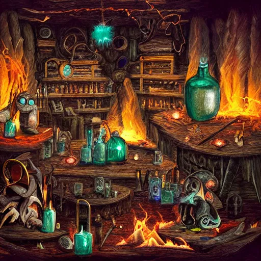 Prompt: dark mysterious scene of these monsters are consumed by fire, yet they remain unharmed. they are surrounded by the tools of the alchemist's trade - beakers and test tubes full of colorful liquids, crystals, and books of ancient knowledge. the scene is suffused with an eerie glow, as if something magical is happening here.