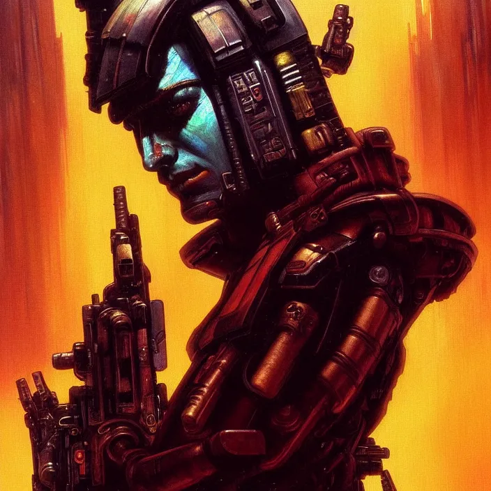 Prompt: excellent painted portrait of a replicant space marine from blade runner (1982), cyberpunk blade runner art, character artwork, 8k resolution artwork, trending on artstation, detailed oil painting portrait, art by artgerm and greg rutkowski and alphonse mucha and craig mullins and James Jean and Andrei Riabovitchev and Marc Simonetti and peter mohrbacher, matte painting