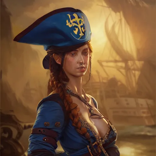 Image similar to Female pirate captain with blue skin, 4k oil on linen by wlop, artgerm, andrei riabovitchev, nuri iyem, james gurney, james jean, greg rutkowski, highly detailed, soft lighting 8k resolution